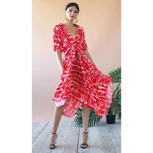 Eva Franco Sophia Asymmetric Hem Midi Faux Wrap Midi Dress in Red Script - Picture 1 of 3